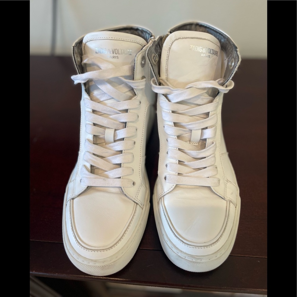 Zadig & Voltaire Flash women's white leather high-top sneakers.